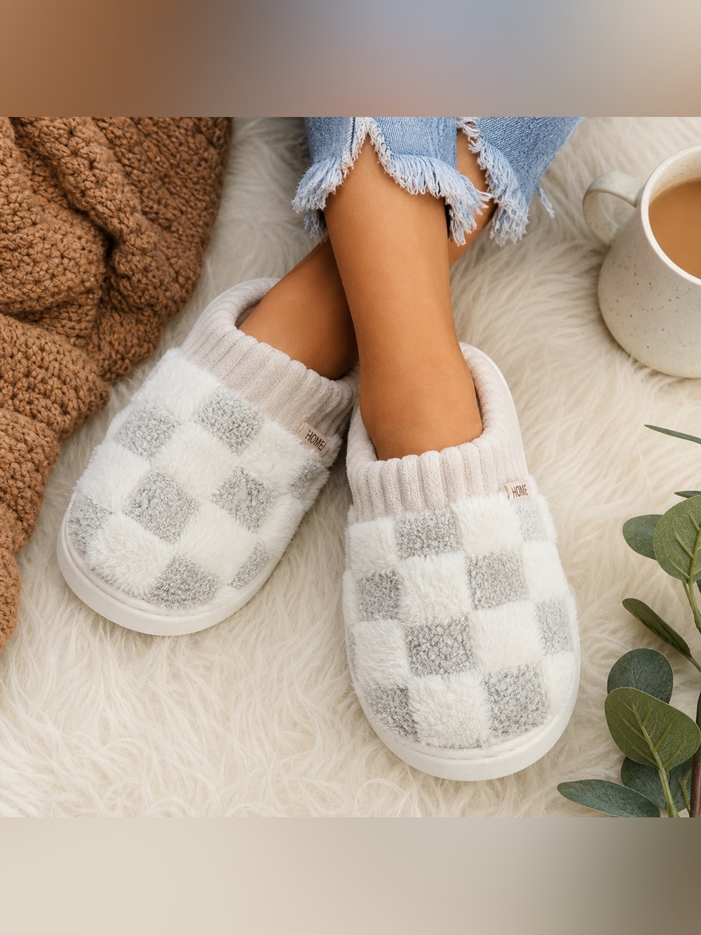 Cozy Plush Sherpa Slippers Gray Checkered Faux Fur House Shoes 7.5-8